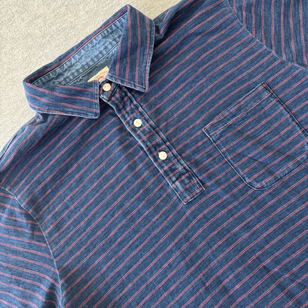Faherty Brand Men Large Navy Blue Red Striped Short Sleeve Cotton Polo Shirt